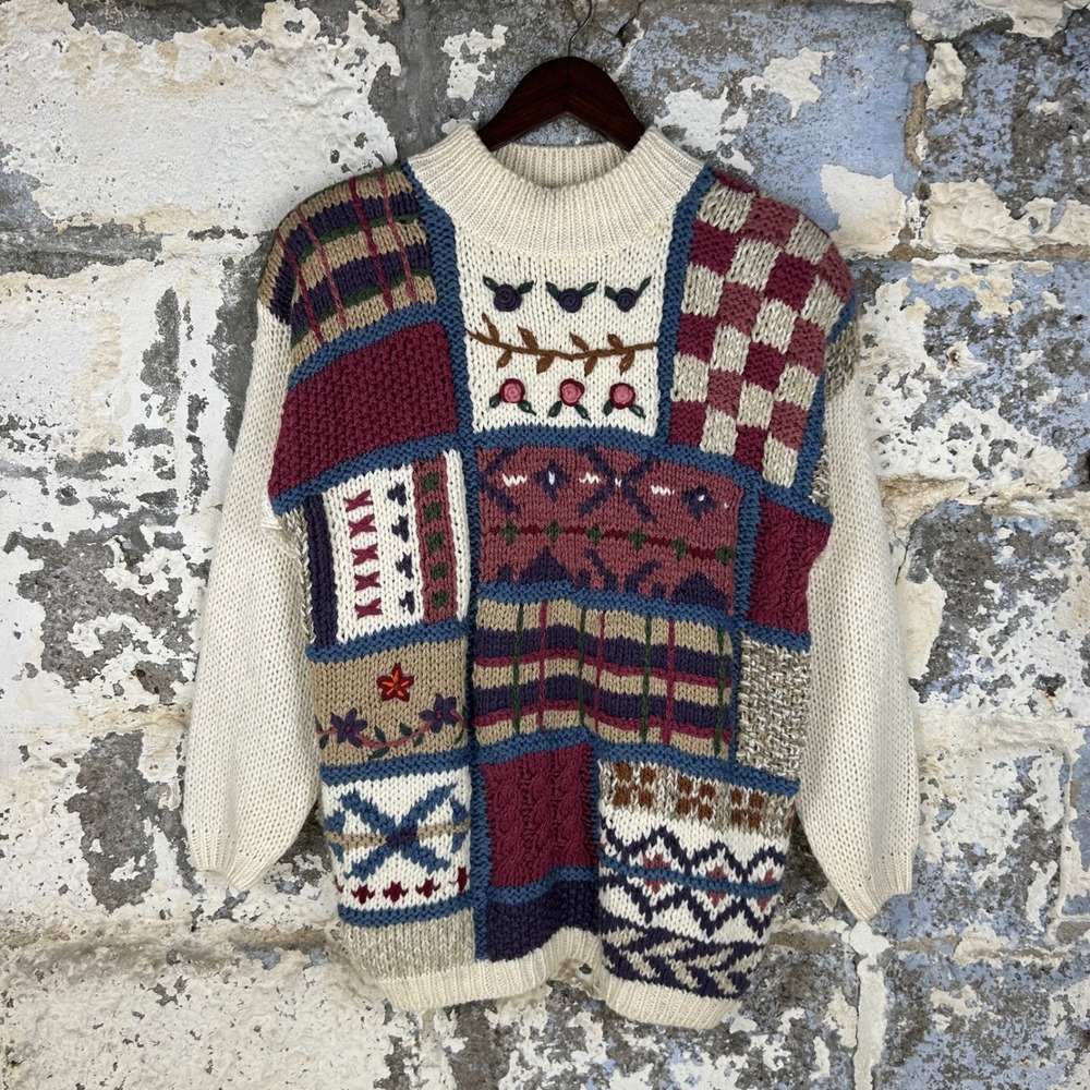 Vintage 90's Cabin Creek Patchwork Sweater Cream Multi Floral Chunky Knit Large